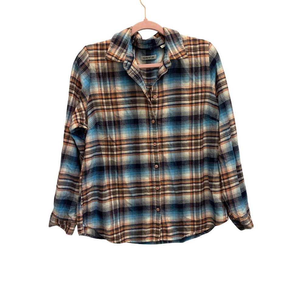 Orvis Womens Large Plaid Flannel Shirt Blue Orange 100%‎ Cotton Button Up